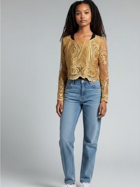 Embroidered Sheer Gold Long-Sleeve Crop Top